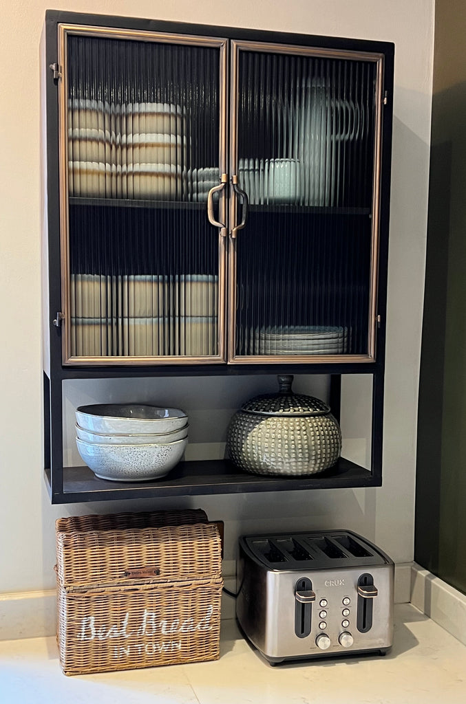 Black Industrial retro metal wall storage cabinet with double ribbed glass doors.