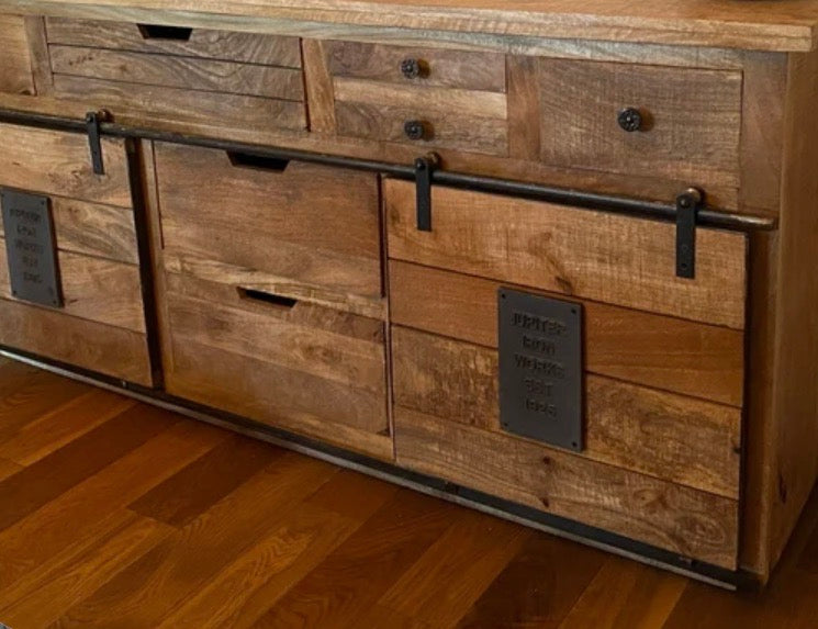 Large rustic solid wood & iron sideboard storage cabinet