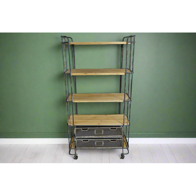 Tall Metal caged & reclaimed wood baker shelves storage cabinet.