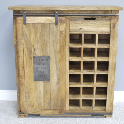 Industrial iron & wood wine storage cabinet.