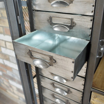 Tall slim metal & wood multi drawer Industrial retro storage display cabinet
