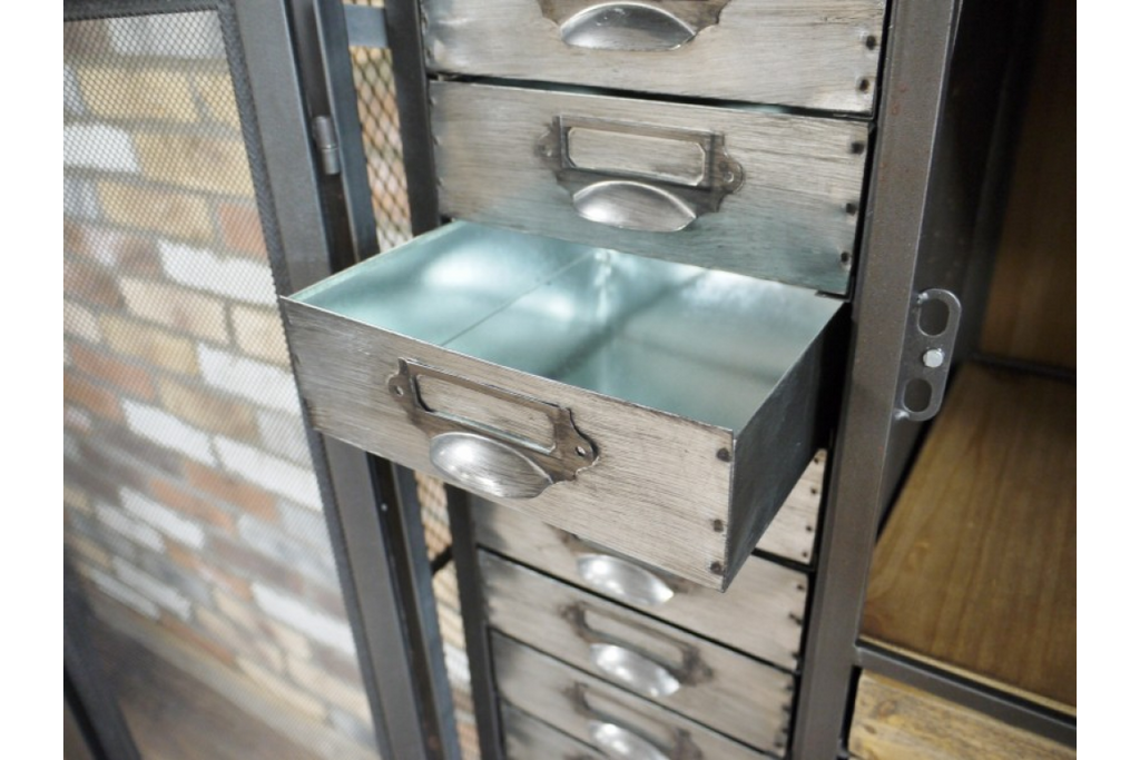 Tall slim metal & wood multi drawer Industrial retro storage display cabinet - Back in stock end of March