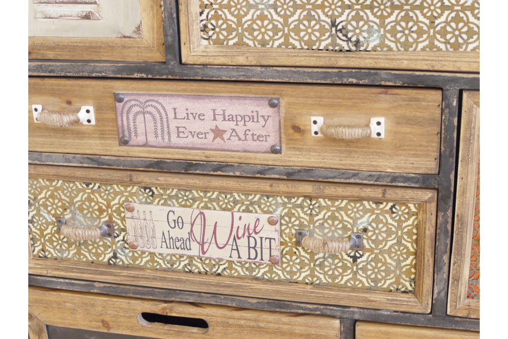 Vintage style patchwork multi drawer storage cabinet.