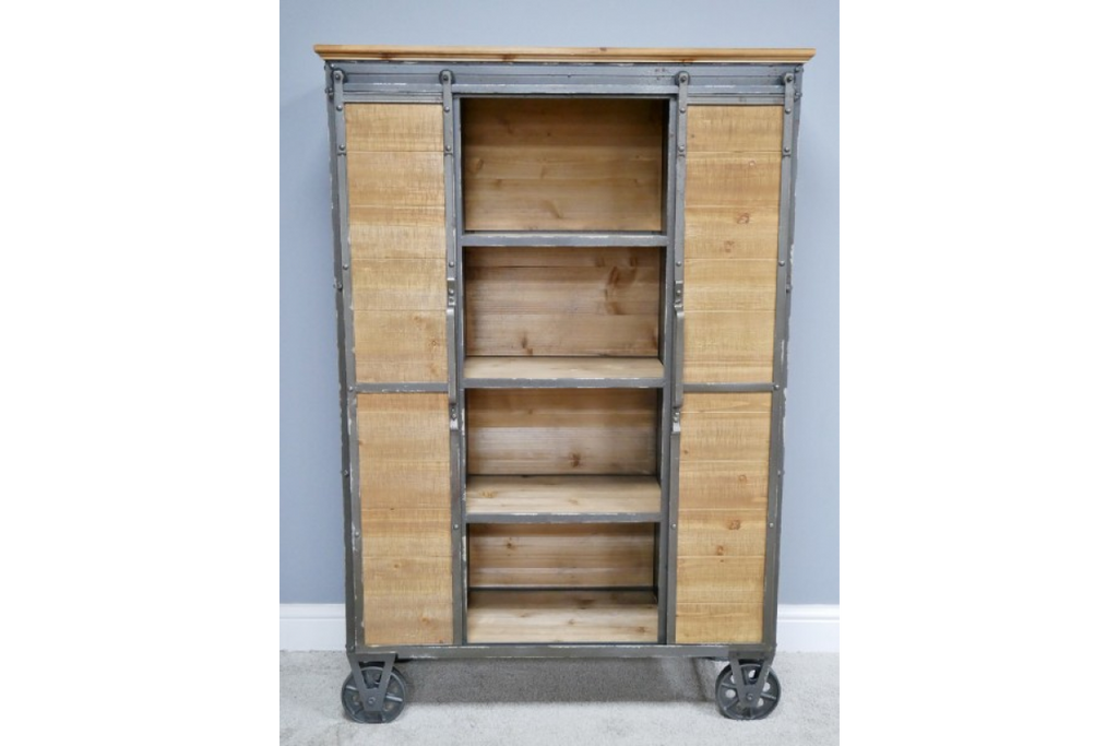 Large metal & rustic wood sliding doors storage display cabinet