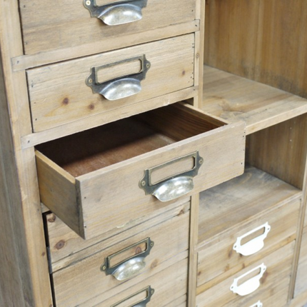Tall slim rustic wood multi drawer storage display cabinet