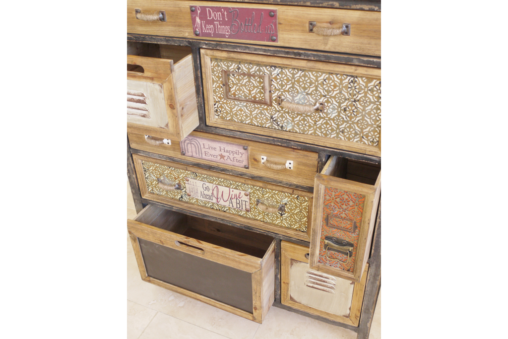 Vintage style patchwork multi drawer storage cabinet.