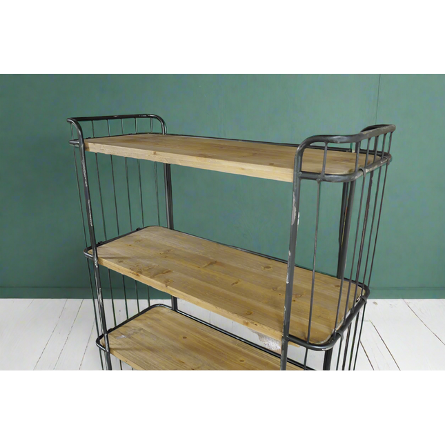 Tall Metal caged & reclaimed wood baker shelves storage cabinet.