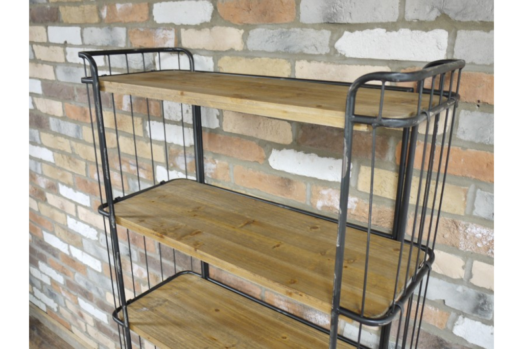 Tall Metal caged & reclaimed wood baker shelves storage cabinet.