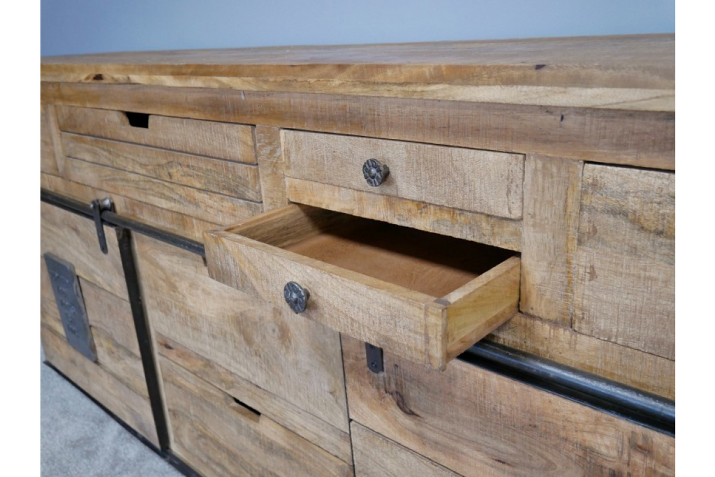 Large rustic solid wood & iron sideboard storage cabinet - back in stock April