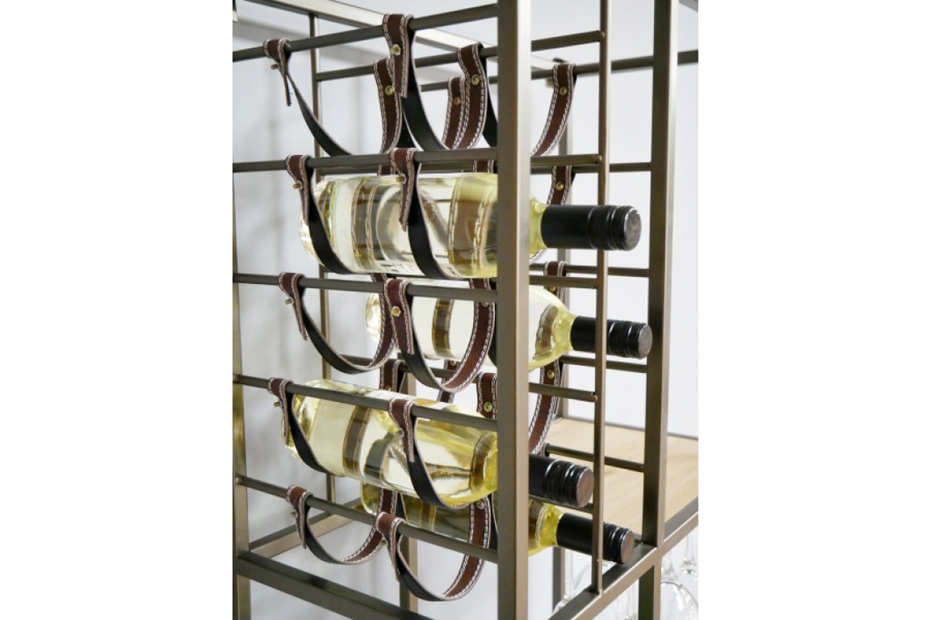 Tall slim metal multi compartment wine rack with shelving.