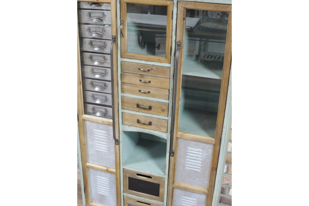Tall green wood & metal multi drawer industrial storage cabinet