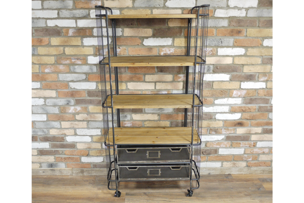 Tall Metal caged & reclaimed wood baker shelves storage cabinet.