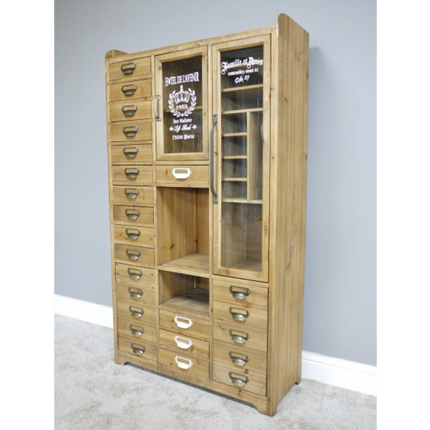 Industrial vintage storage display cabinet.