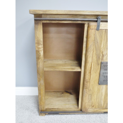 Industrial iron & wood wine storage cabinet.