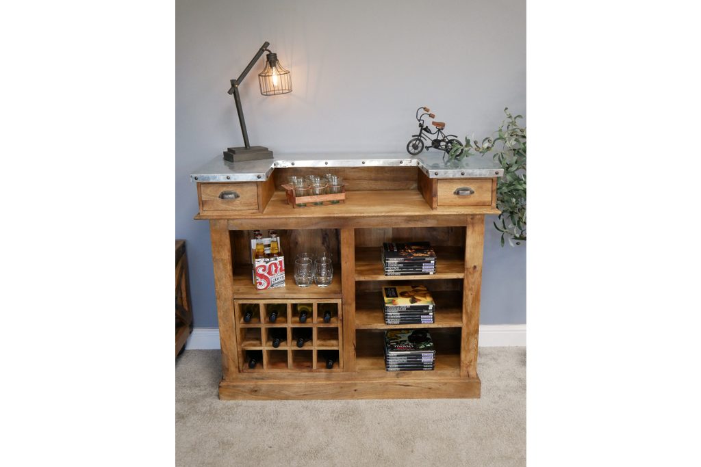 Large solid wood bar counter-cabinet with wine bottle storage.