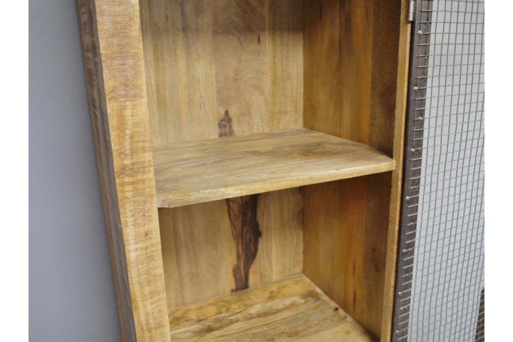 Tall slim metal mesh fronted rustic wood storage locker cabinet
