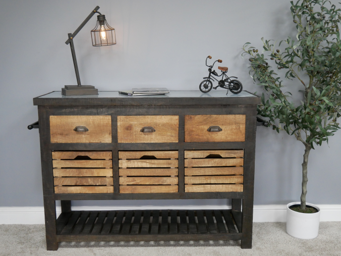 Large Industrial iron and wood storage cabinet sideboard