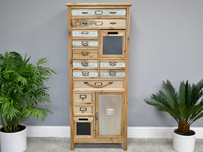 Tall slim wooden multi drawer storage cabinet