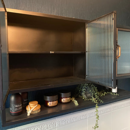 Black metal  wide wall storage cabinet with ribbed glass double doors