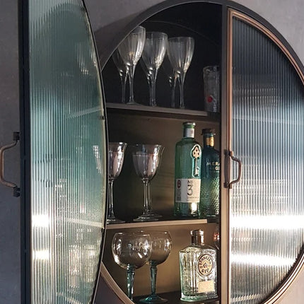 Large round Industrial retro metal wall Storage cabinet with ribbed glass doors